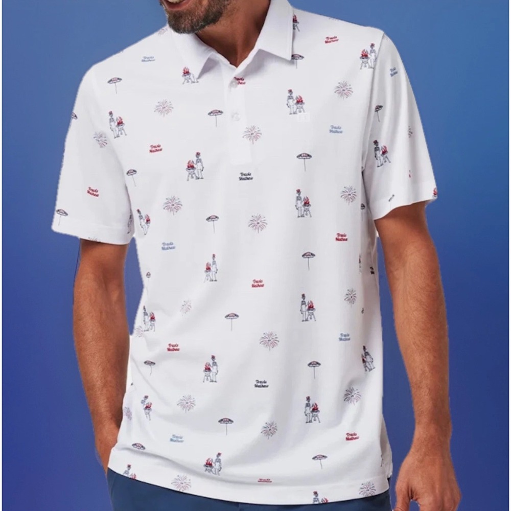 $99 NWT Travis Mathew Polo "Neighborhood Party" Size S Skeleton Grill Fireworks